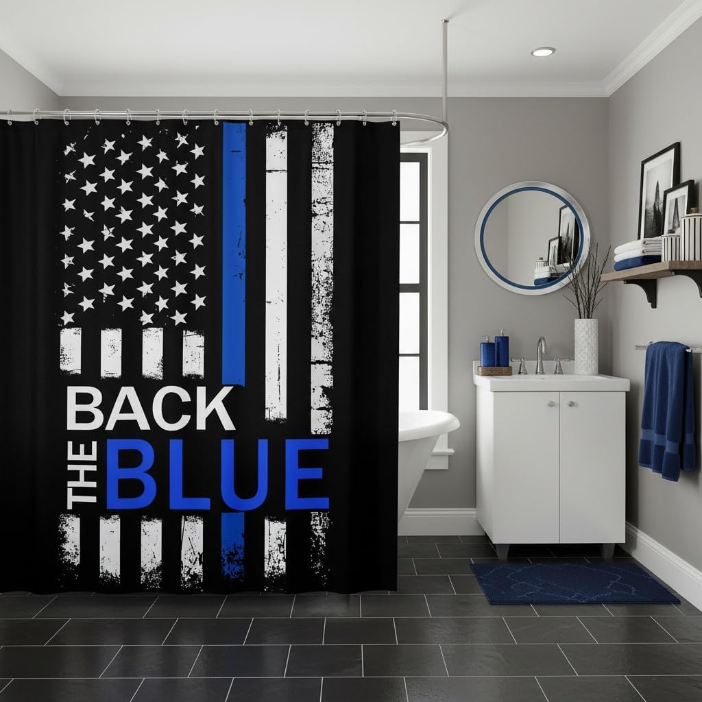 Castle Fairy Police Theme Shower Curtain American Flag Bathroom Shower Curtain Set for Kids Adult Back The Blue Bath Curtain Retro Style Waterproof Curtains Room Decor 72 x 72 Inch