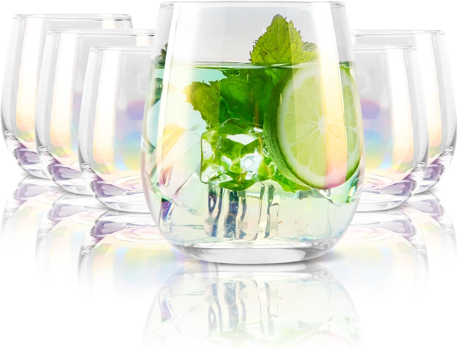 Drinking Glasses Set of 6, 12.2 fl oz Short Water Glasses, Lead-Free Crystal Drinking Glasses, Iridescent Glassware for for Cocktail, Beer, Wine, Whiskey, Juice, Milk, Ice Tea