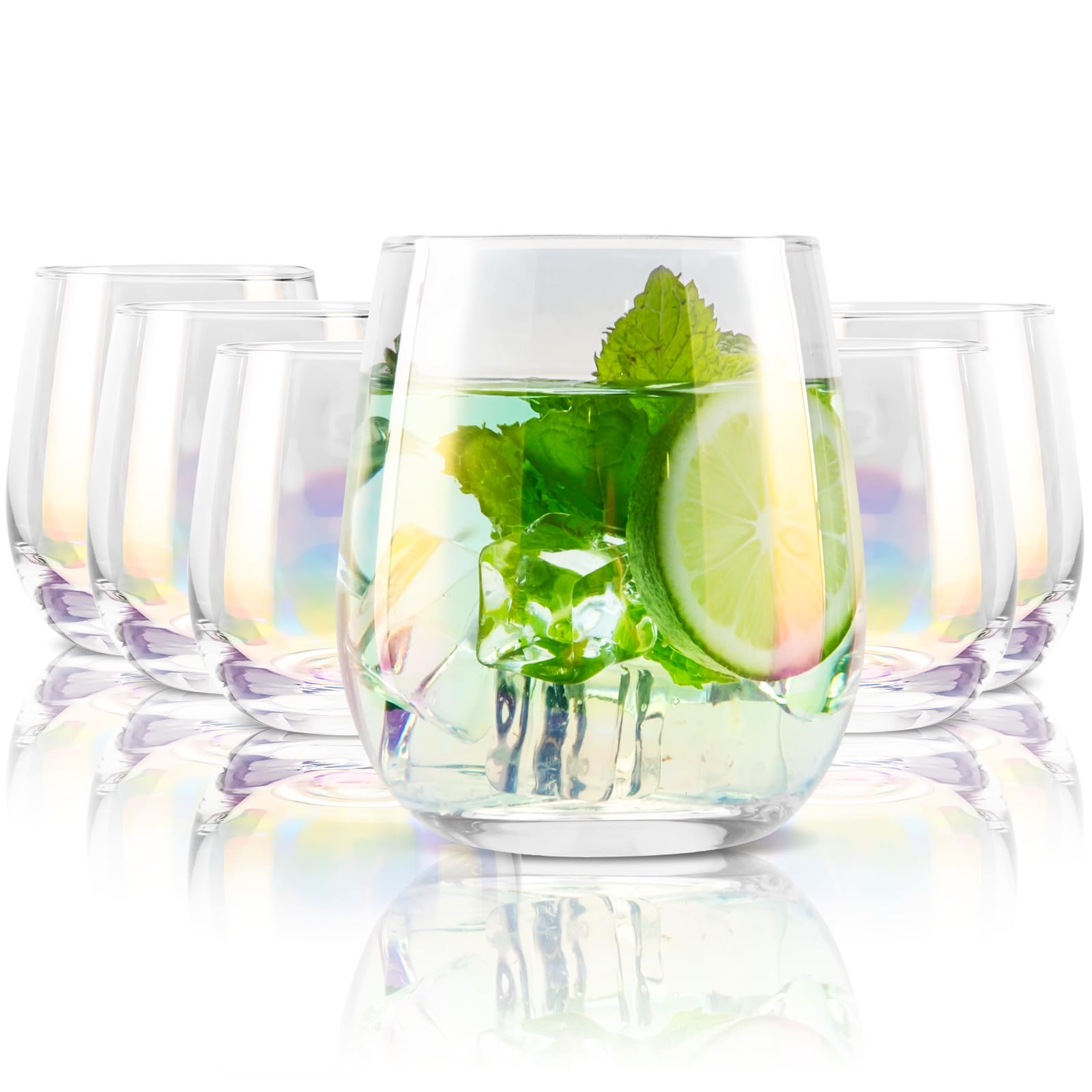 Drinking Glasses Set of 6, 12.2 fl oz Short Water Glasses, Lead-Free Crystal Drinking Glasses, Iridescent Glassware for for Cocktail, Beer, Wine, Whiskey, Juice, Milk, Ice Tea