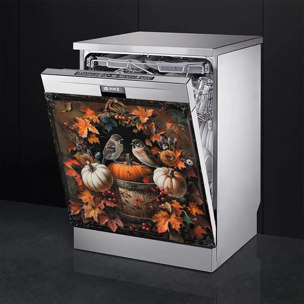 Pumpkin and Birds Magnetic Dishwasher Decorative Cover,Retro Maple Leaf Home Appliance Panel Sticker,Personality Magnet Door Decal Kitchen Decor 23"" x 26"" Magnetic