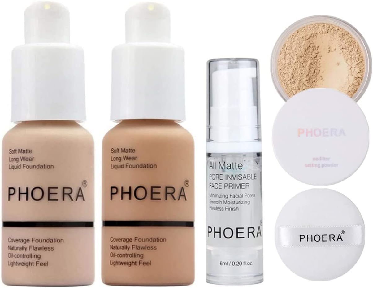 Phoera Foundation Full Coverage Makeup Set - Includes Nude & Buff Beige 30ml Matte Foundation, 6ml Face Primer & Cool Beige Setting Powder for All Day Wear Without Creasing, Caking, or Flashback