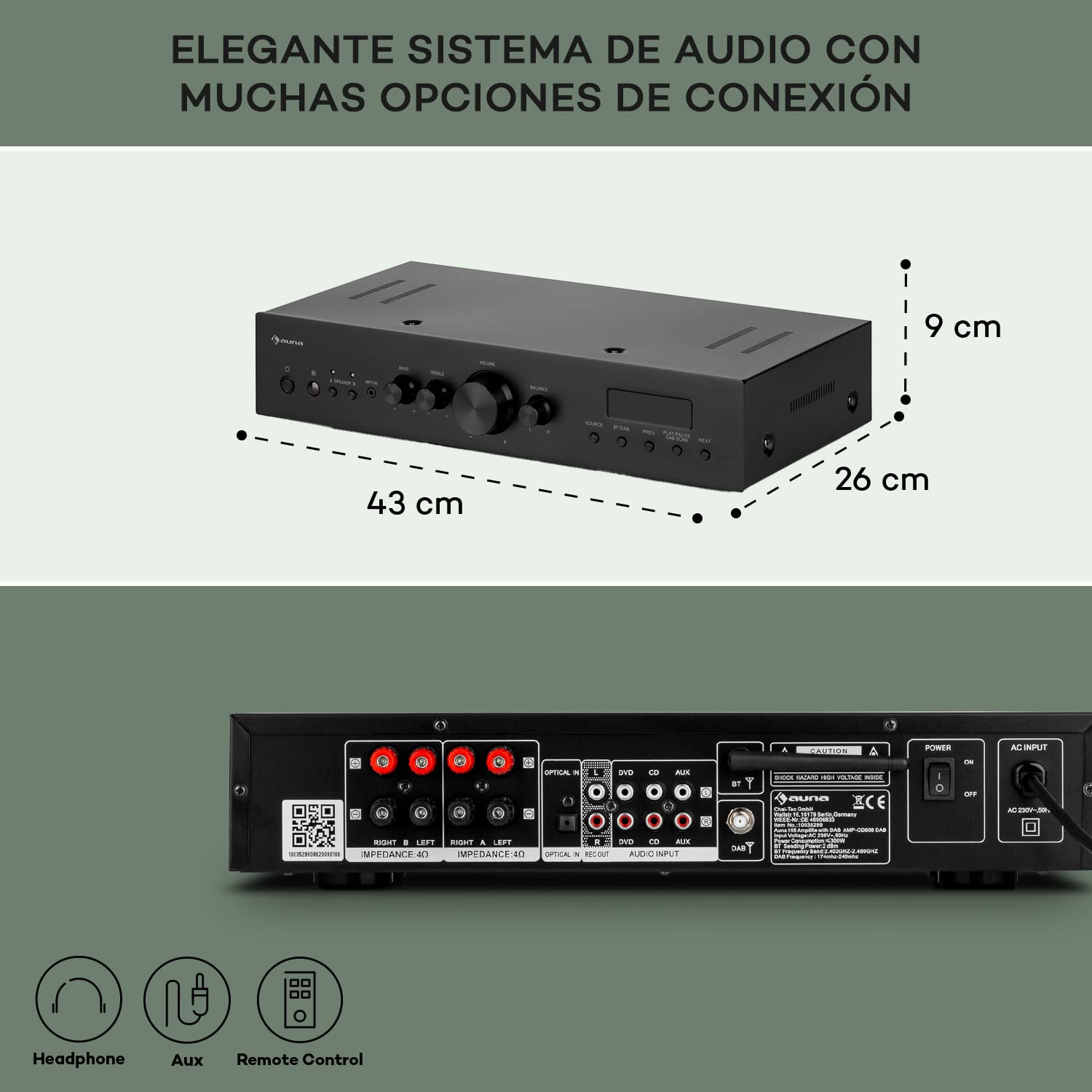 Auna Amplificador Audio Bluetooth para Equipo de Musica, Amplificador HiFi, AV y Control de Agudos y Bajo, Amplificadores Sonido con Subwoofer, 2 Canales de Audio y Altavoz con Mando a Distancia