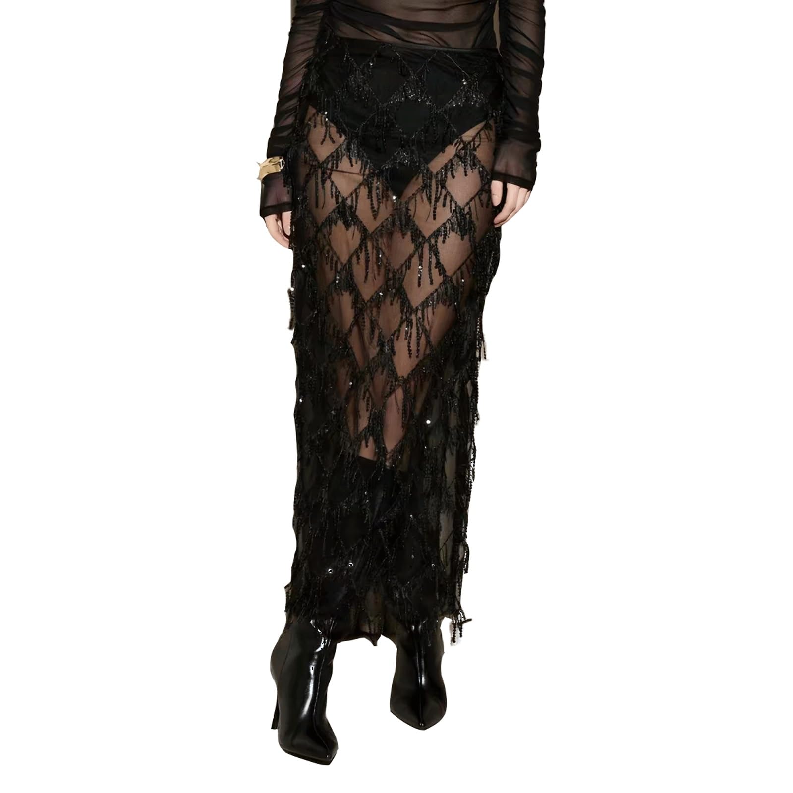DUddTTW Bodycon Women's Maxi Skirts Sequined Slit High Waisted Long Skirt Sexy(Nero,Lagre)