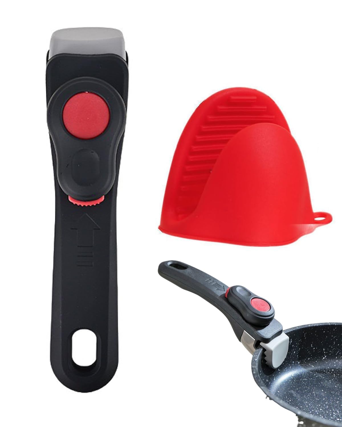 2 PCS Oven Gloves, Strong Removable Handle for Kitchen, Black Removable Handle with Red Silicone Oven Mitts for Enhanced Cooking Control, Kitchen Cookware Handle and Gloves for Cooking