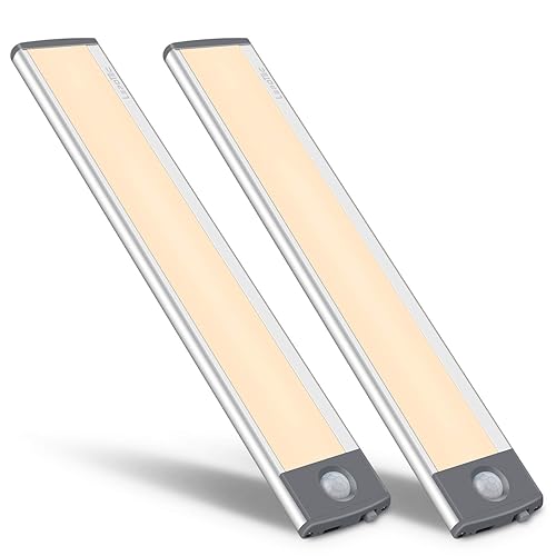 30-LED Motion Sensor Cabinet Light,Under Counter Closet Lighting, Wireless USB Rechargeable Kitchen Night Lights,Battery Powered Light for Wardrobe,Cabinet,Cupboard（Warm Light）-2Pack - Silver-warm White Light - 7.8inch-30LED