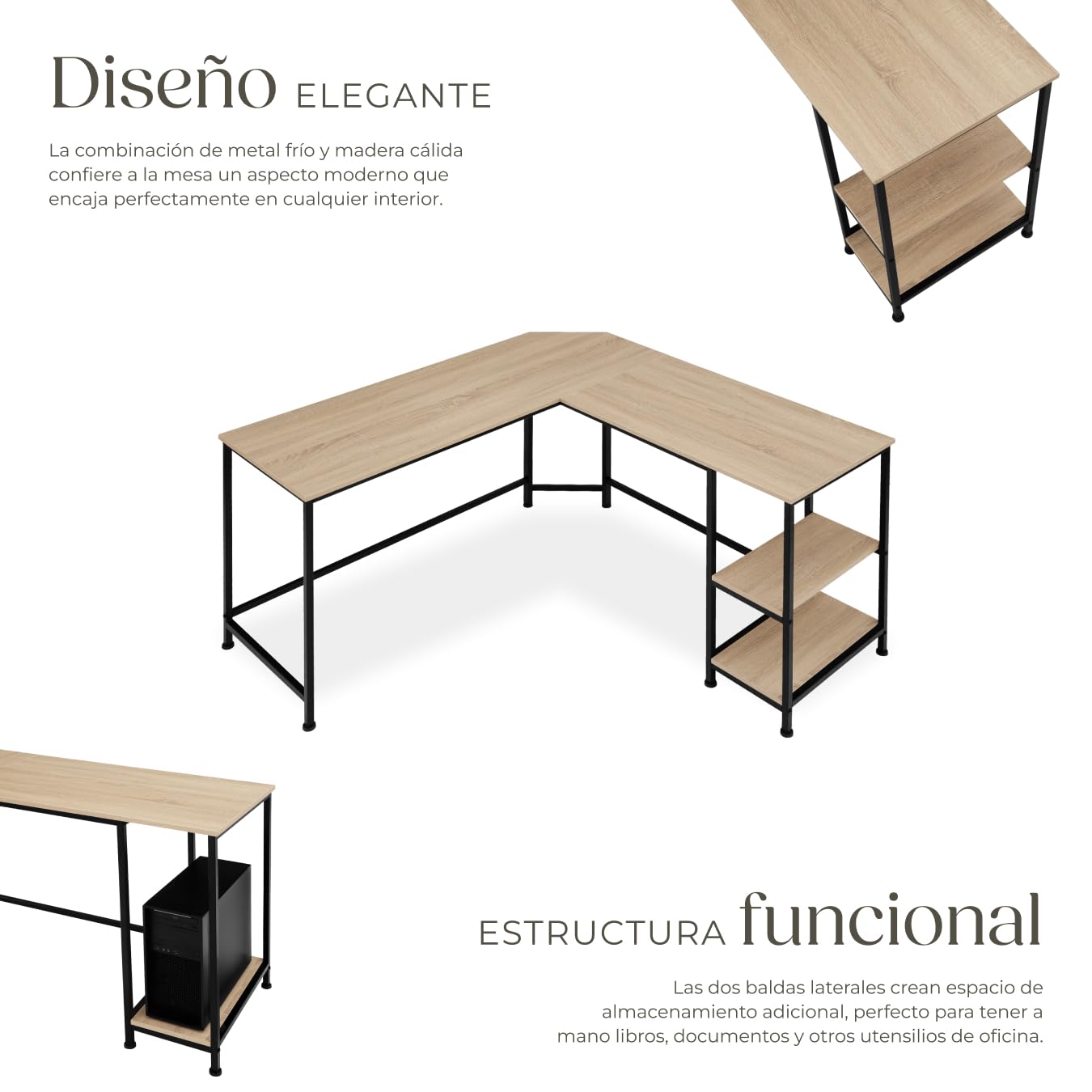 tectake® Escritorio de Esquina, Mesa en L con Estantes, Mesa Escritorio para Ordenador, Escritorio Industrial Madera Acero, Mesa de Oficina, Escritorio Estudio - Madera Industrial Clara, Roble Sonoma
