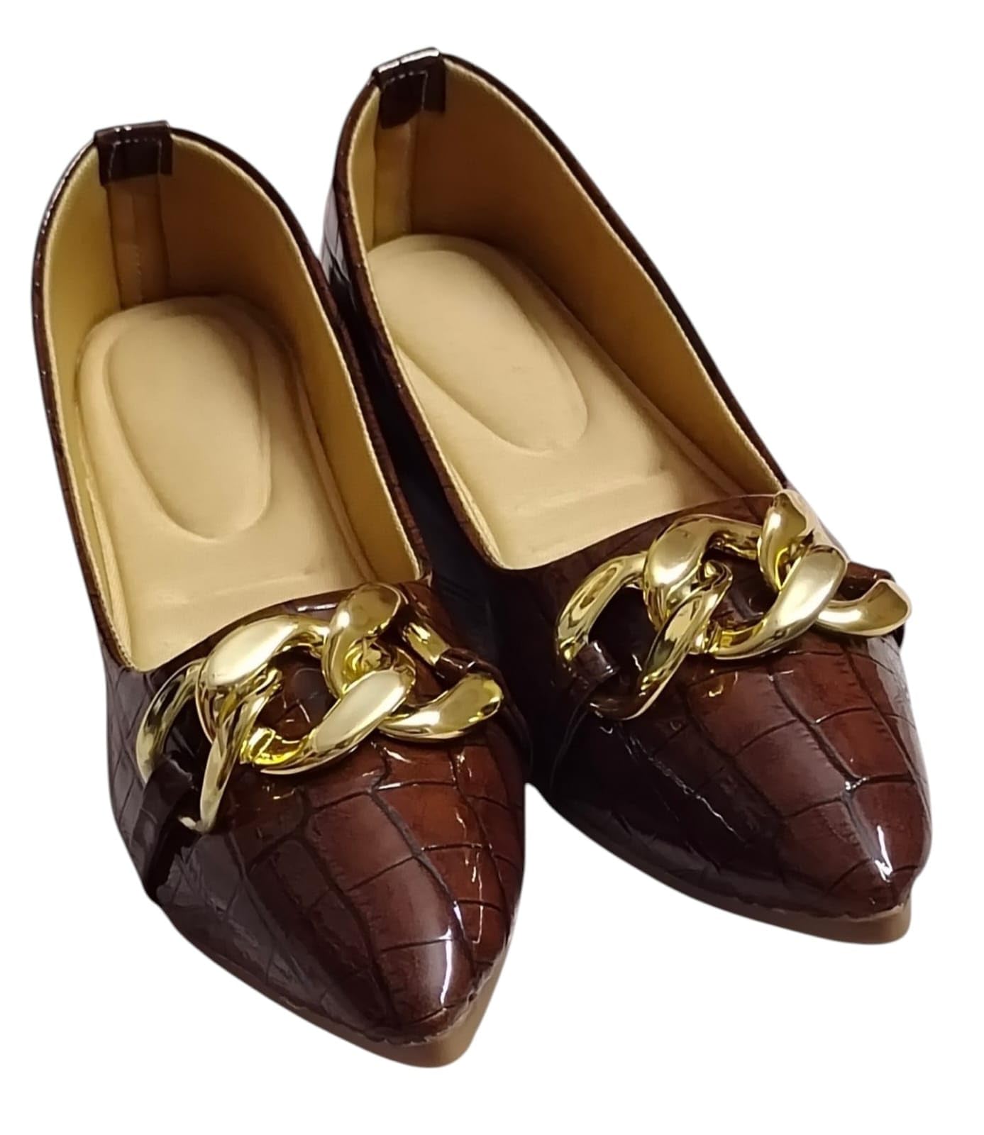collard Women's Brown Croc-Texture Pointed Toe Ballet Flats with Gold Chain-picture-38
