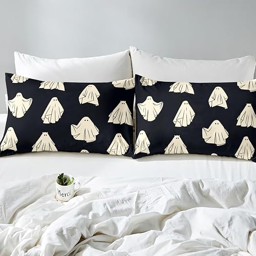 Miniatura 5 de Castle Fairy Sábana bajera ajustable con estampado de fantasmas de Halloween para niños, ropa de cama de tela decorativa suave, color negro,