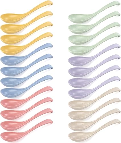 Hiceeden Juego de 24 cucharas de plástico reutilizables, cucharas de sopa china asiática de paja de trigo, juego de cucharas de ramen japonés