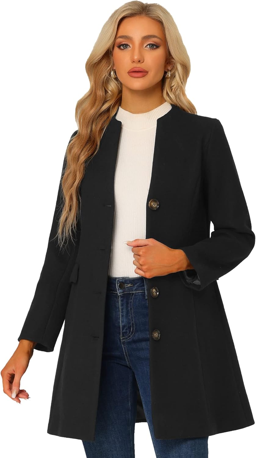 Allegra K Women's Winter Coat Elegant V Neck Collarless Single Breasted Long Pea Coats