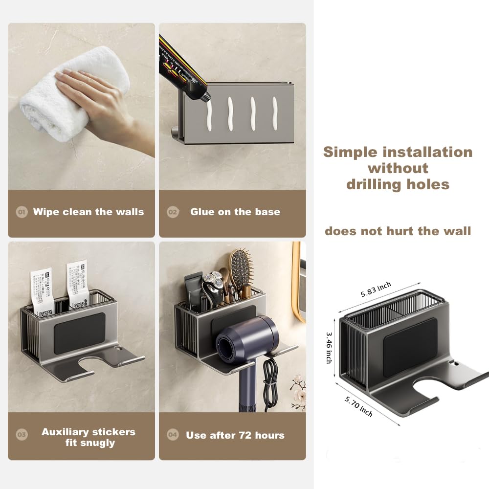 Soporte para secador de pelo montado en la pared, con caja organizadora extraíble individualmente, soporte de aluminio para secador de pelo para baño, organizadores de salón y almacenamiento