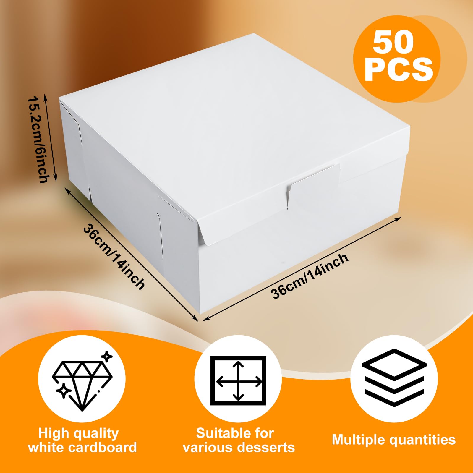 tessco of fun 50 Pack 14x14x6 Inch White Cardboard Cake Boxes No Window Standard Disposable Bakery Boxes Paper Pie Containers for Displaying Cakes Pastry Bread Desserts