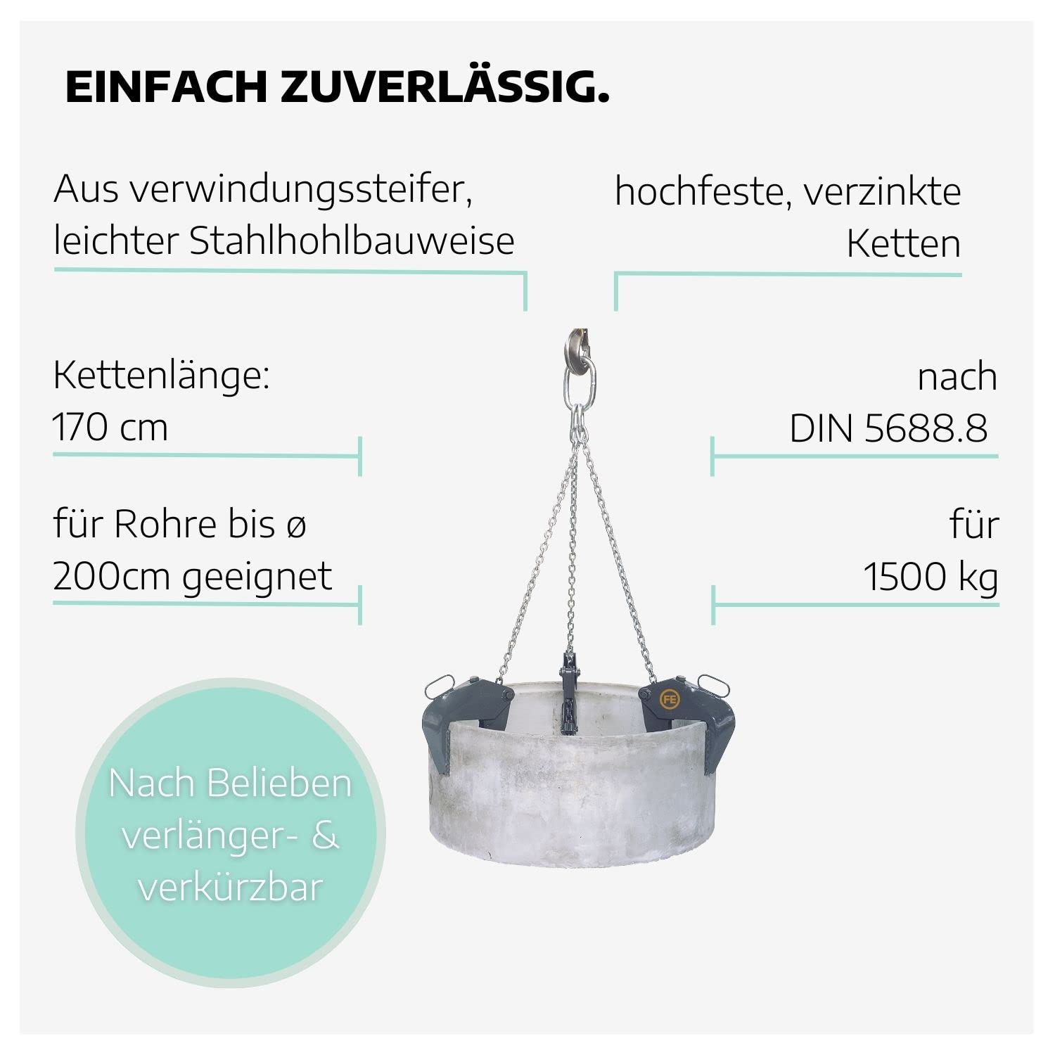 Schachtgehänge aus leichter Stahlhohlbauweise 1500kg I Kettengehänge in 170 cm für Rohre bis 200 cm Durchmesser I Anschlagkette für DIN 4034 Teil 2 I Spannbereich 0-130 mm