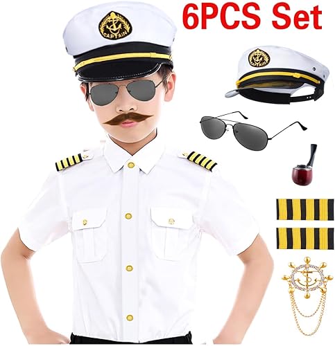 Miniatura 2 de Disfraz de capitán de marinero de yate para niños, camisa y sombrero, accesorios de 6 piezas para fiesta, cosplay, de 3 a 12 años
