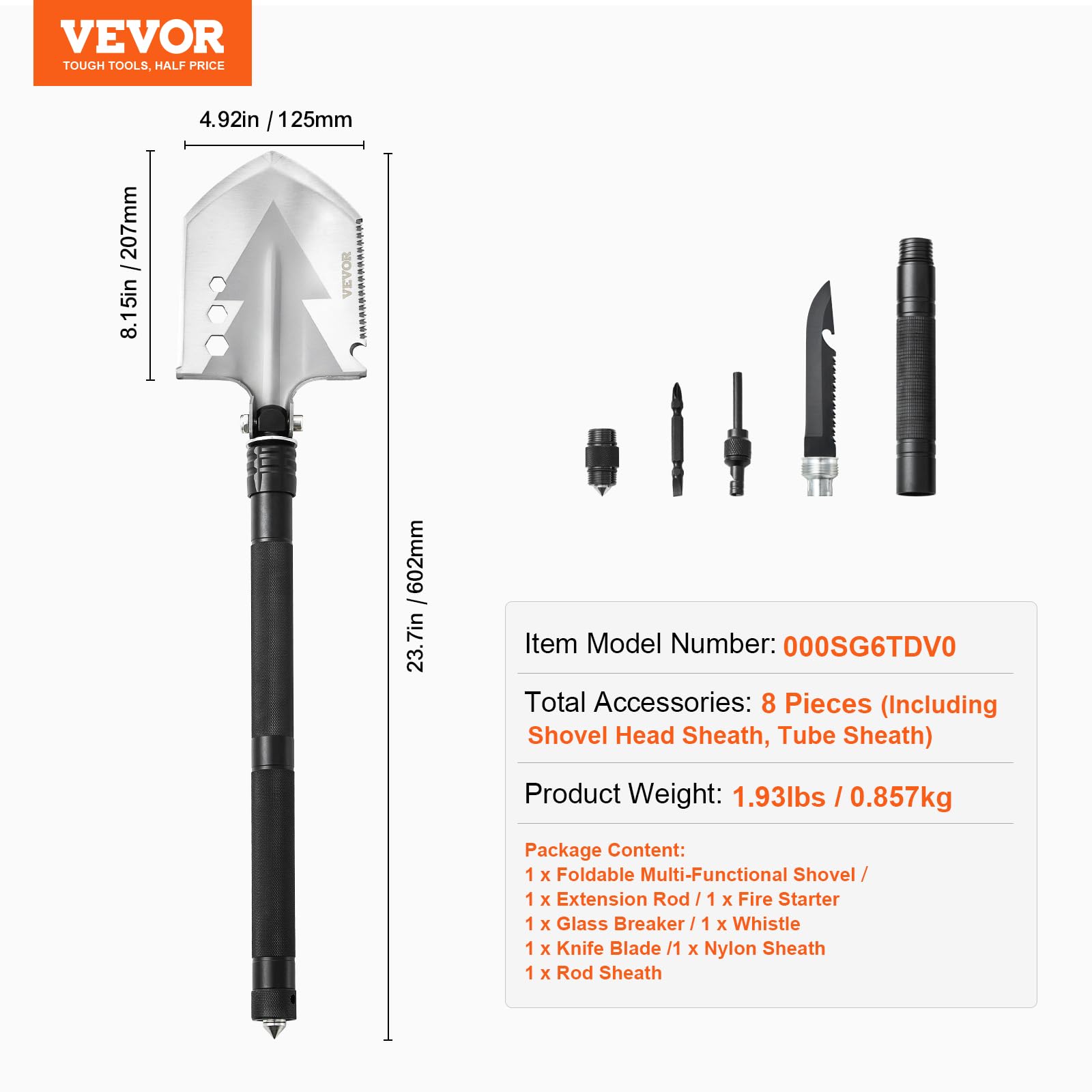VEVOR Pelle de Survie Pliante, Pelle de Camping multifonctionnelle 8 en 1, Pelle Tactique compacte Portable de qualité Militaire, pour Tout-Terrain, Camping, randonnée, extérieur, Survie, Urgence