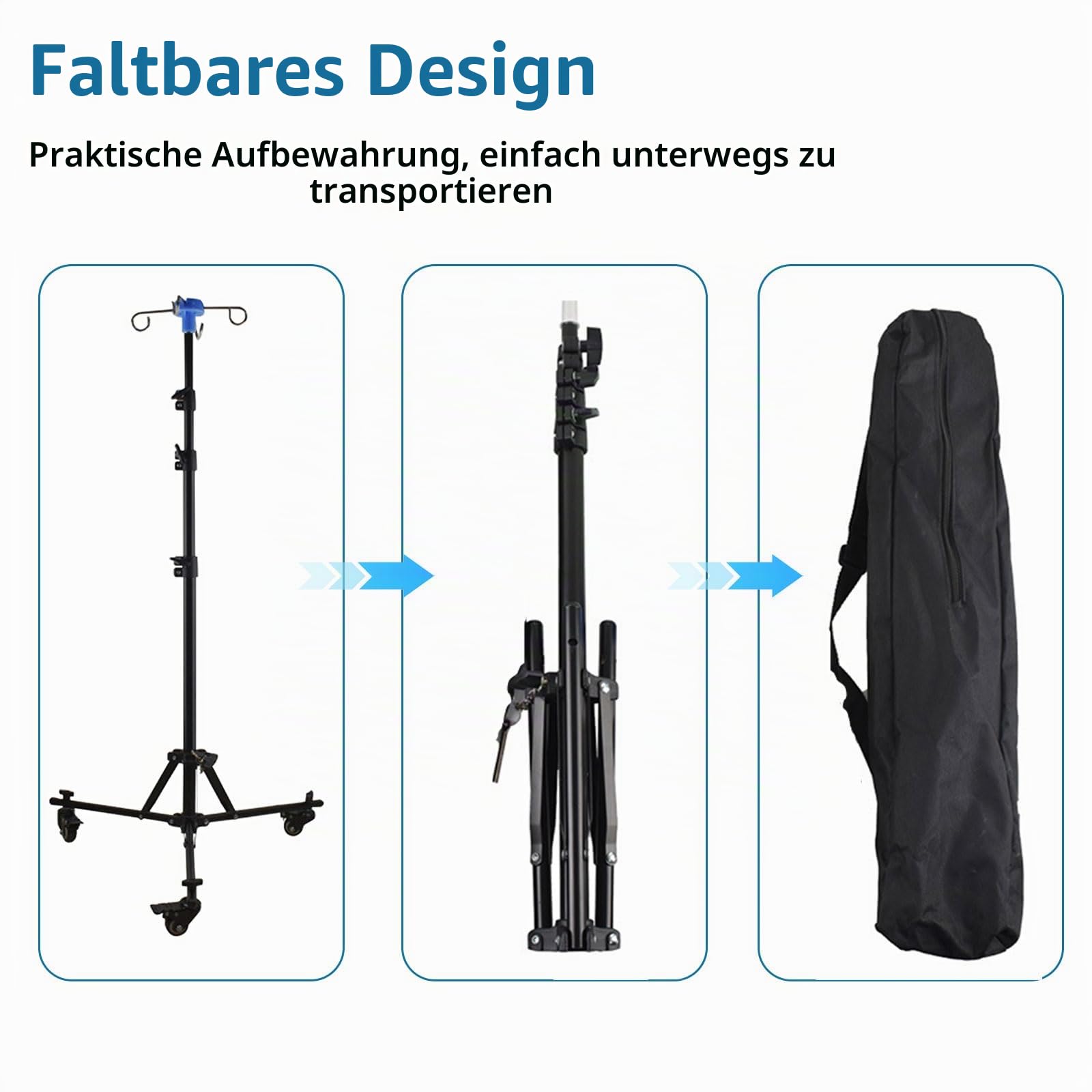 Infusionsständer mit Rollen, Faltbar & Mobil, Höhenverstellbar 90–190 cm, 4 Haken 180° Drehbar, Mit 3 Netz-Taschen, Tragetasche & Bremsrollen – Tragbarer Infusionshalter