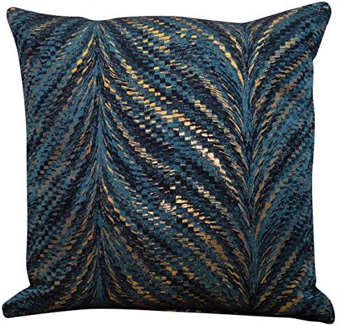Linen Loft Luxury Metallic Feather Fan Cushion Cover in Teal Blue with Reflective Copper and Gold Detailing. Double Sided, 17x17 Square Pillowcase. Art Deco Inspired Design. Handmade in the UK.