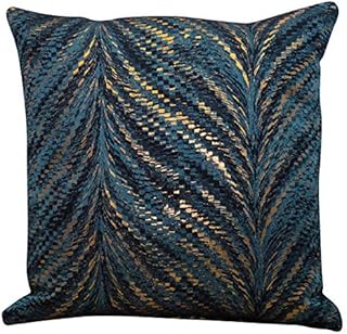 Linen Loft Luxury Metallic Feather Fan Cushion Cover in Teal Blue with Reflective Copper and Gold Detailing. Double Sided, 17x17 Square Pillowcase. Art Deco Inspired Design. Handmade in the UK.