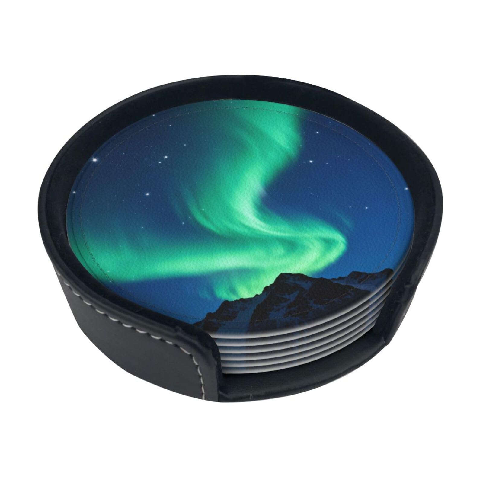 Cntdbu White Aurora Night Sky Leather Coasters Set Of 6-Pu Leather Drink Mats For Table, Heat Resistant Round Coasters With Holder