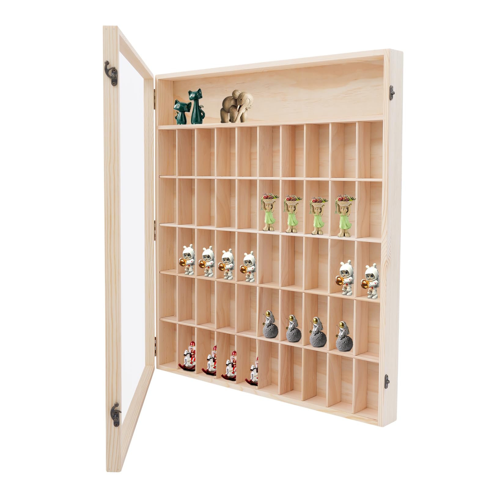 Vetrina da collezione, in legno, vetrina da parete, mensola da appendere, 50 scomparti, vetrina in vetro da appendere con disco per cameretta dei bambini