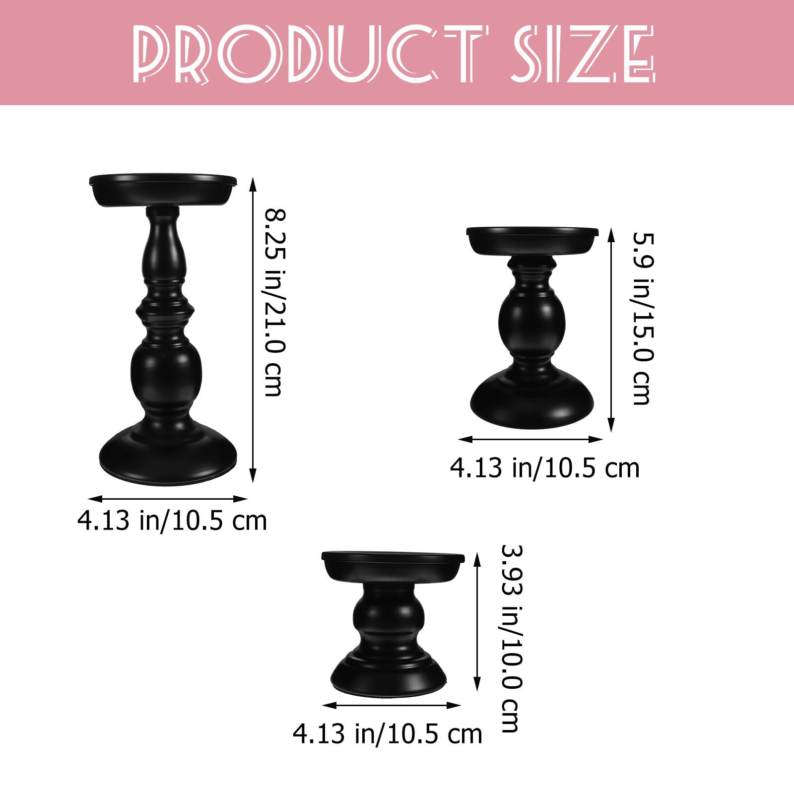 3 Pezzi Portacandele Nero a Colonna Set, Ferro, 8 6 4 Pollici