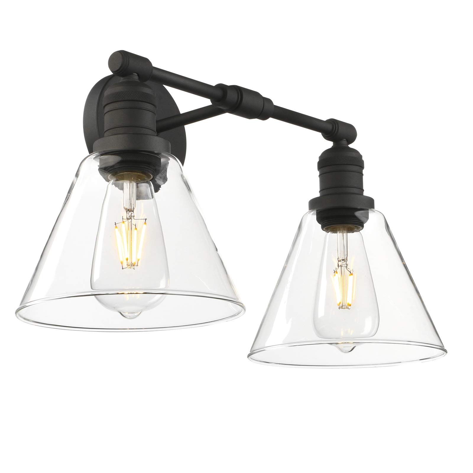 Phansthy Black Dual Light Vintage Wall Light 7.1" Diameter Funnel Glass Industrial Wall Sconce For Kitchen Living Room Hallway Bedroom Vanity Mirror Double Head Decorative Light (Black)