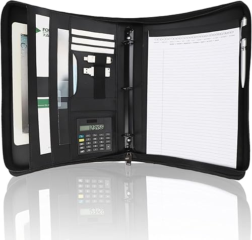 Freeprint Cartera de negocios con cremallera y 3 anillas, organizador de documentos con calculadora solar, bloc de escritura