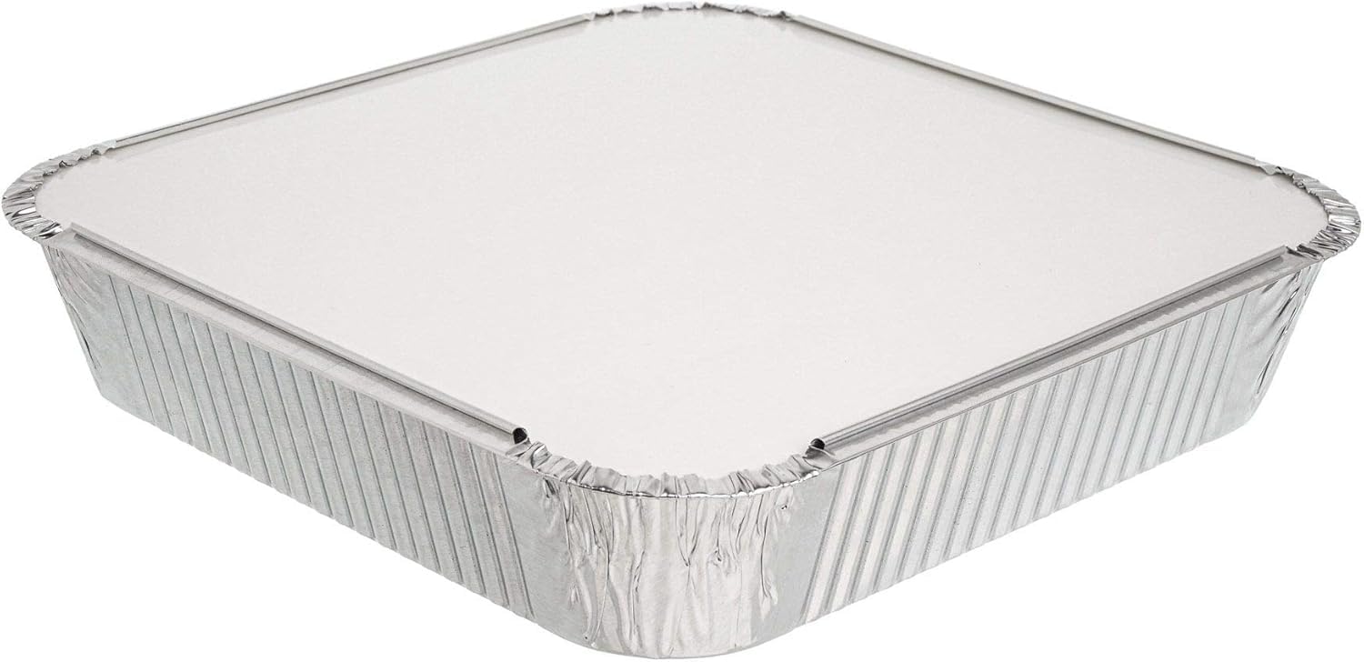Euro Classic Silver Essential Housewares 10 Aluminium Foil Trays With Lids - 24 X 24Cm (9 X 9 Inch) Heavy Duty Disposable Foil Baking Trays Takeaway Containers With Lids. Metal Food Trays For Catering & More.