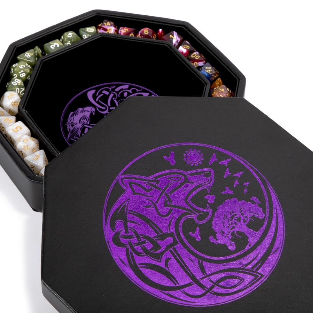 DND Dice Tray - Premium 9 Inch Tray for Dungeons and Dragons: Exquisitely Detailed Purple World Tree & Wolf Raven Design - Perfect Rolling & Box