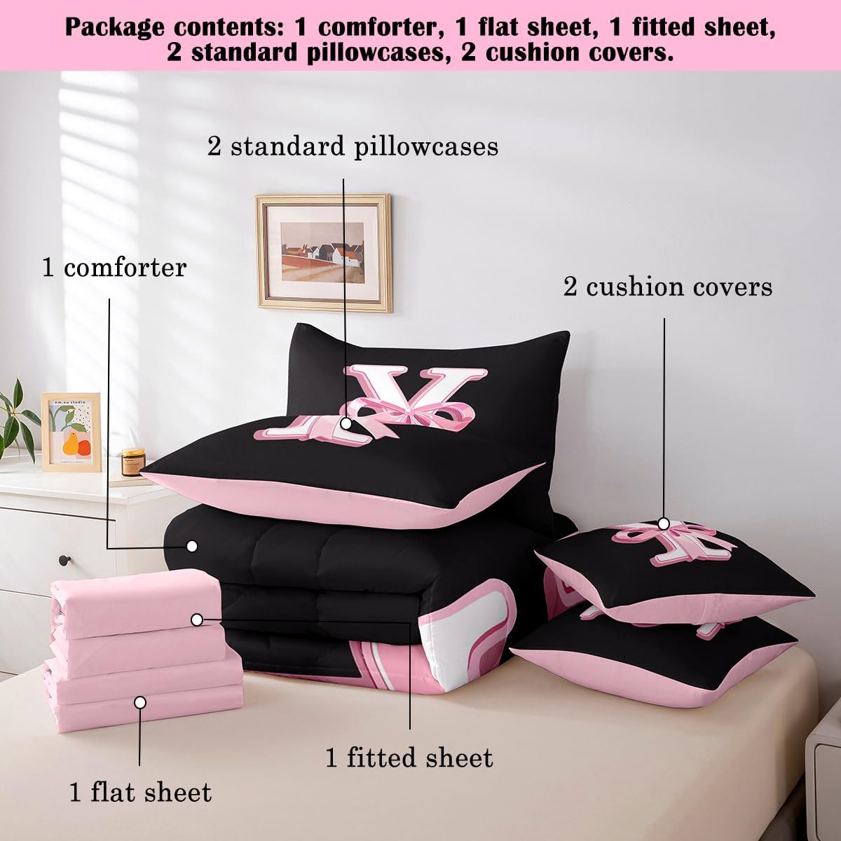 jejeloiu Kawaii Pink Bow Queen 7 Piece Comforter Set with Sheets for Girl image 5