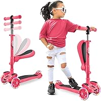 Vista 12 de Hurtle Patinete de 3 ruedas para niños, luces LED de ruedas, manubrio ajustable de inclinación para dirigir y asiento plegable, paseo sentado