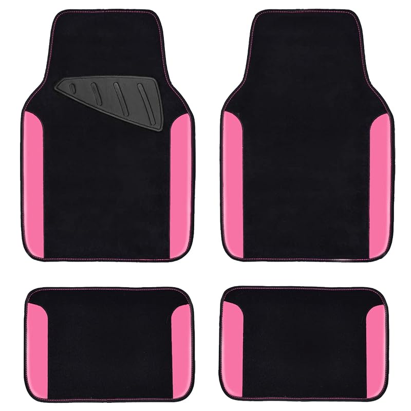 Tapete Automotivo em Couro Sintético CAR PASS Preto com Rosa-Vermelho, Antiderrapante e Lavável, Kit com 4 Peças