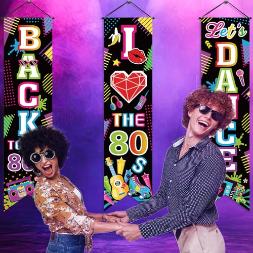 Image of Chiisong 3 Pieces 80's Party Decorations Back to The 1980 Banners I Love 80s Porch Signs Hanging Backdrops for Home Bar Retro Theme Hip Hop Rock Disco Birthday Party Door Wall Decor Supplies