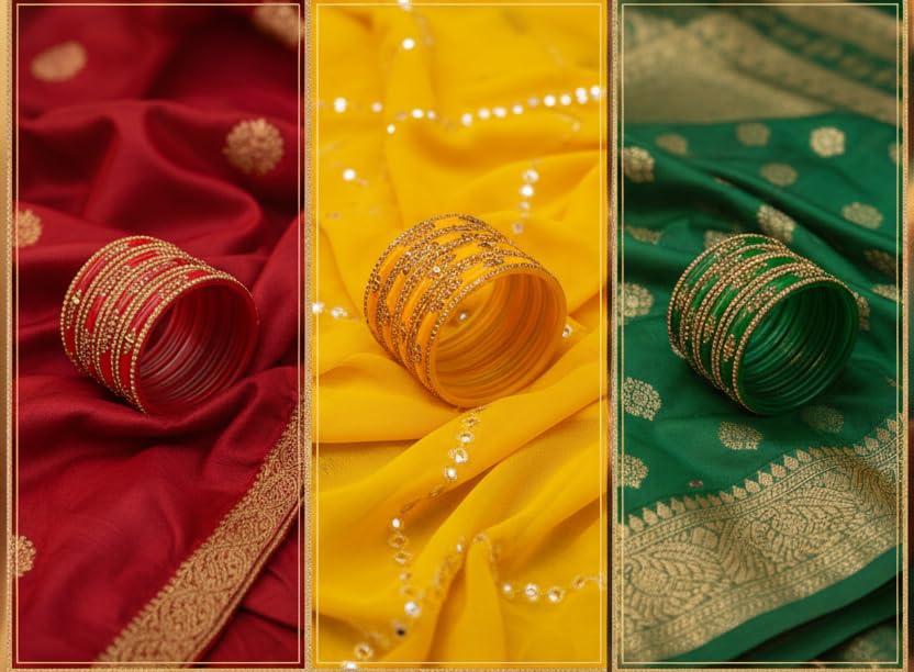 Image of Swara Creations Green Mehrun Red Glass Bangles Set for Women | Zirconwork Bangles | Glass bangles for festivals & occasions, Traditional glass bangles (SKU276)