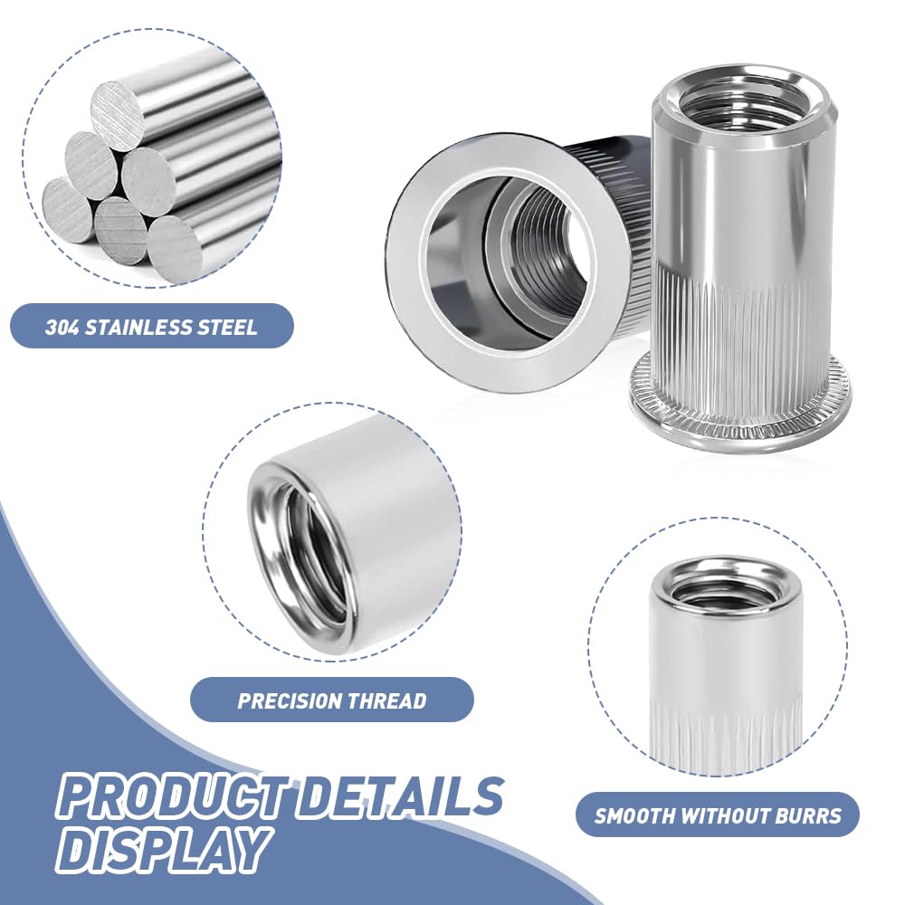 mizikuu 100 Pezzi Dadi Rivetti Filettati in Acciaio Inox, Inserti Filettati M8 Rivetto Filettato Facilità di Installazione Inserti Filettati a Testa Piatta Per Pannelli In Metallo e Plastica