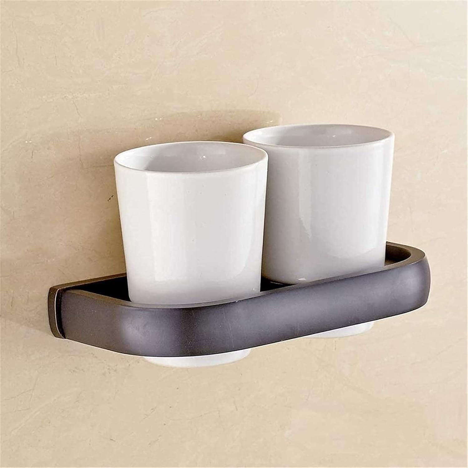 Portavasos para cepillos de Dientes， Accesorios de Montaje en Pared for baño, portavasos for Cepillo de Dientes de Bronce Retro Negro, portavasos Doble con Taza de cerámica Antigua(Schwarz)