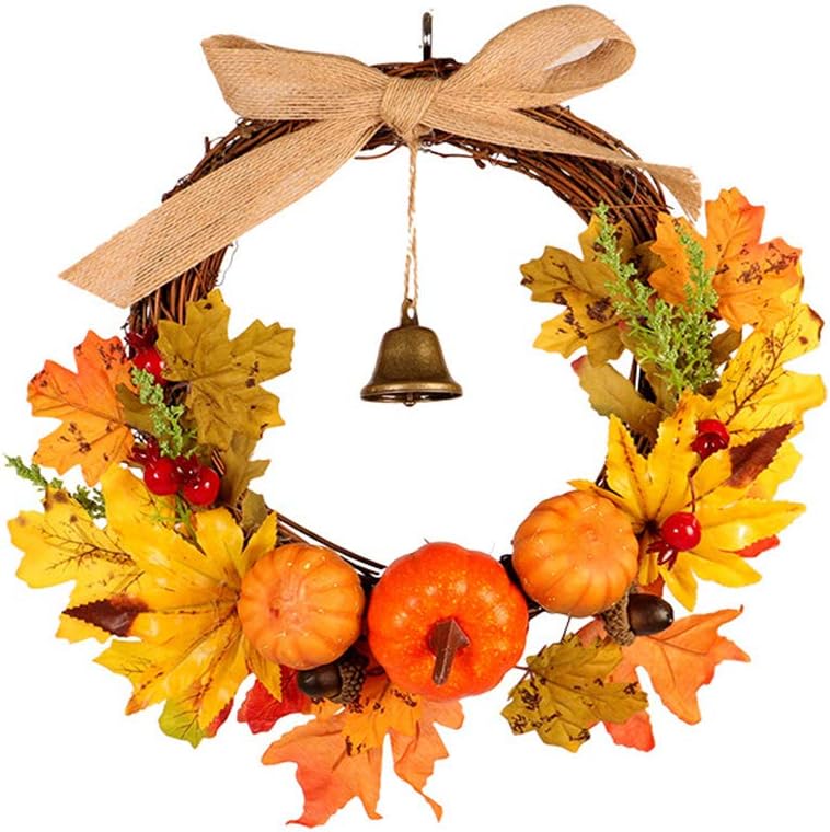 NINGYE Autumn Wreath with Artificial Maple Leaf Pumpkin Bell Rattan Decorative,Front Door Wreath Halloween Home Party Decor