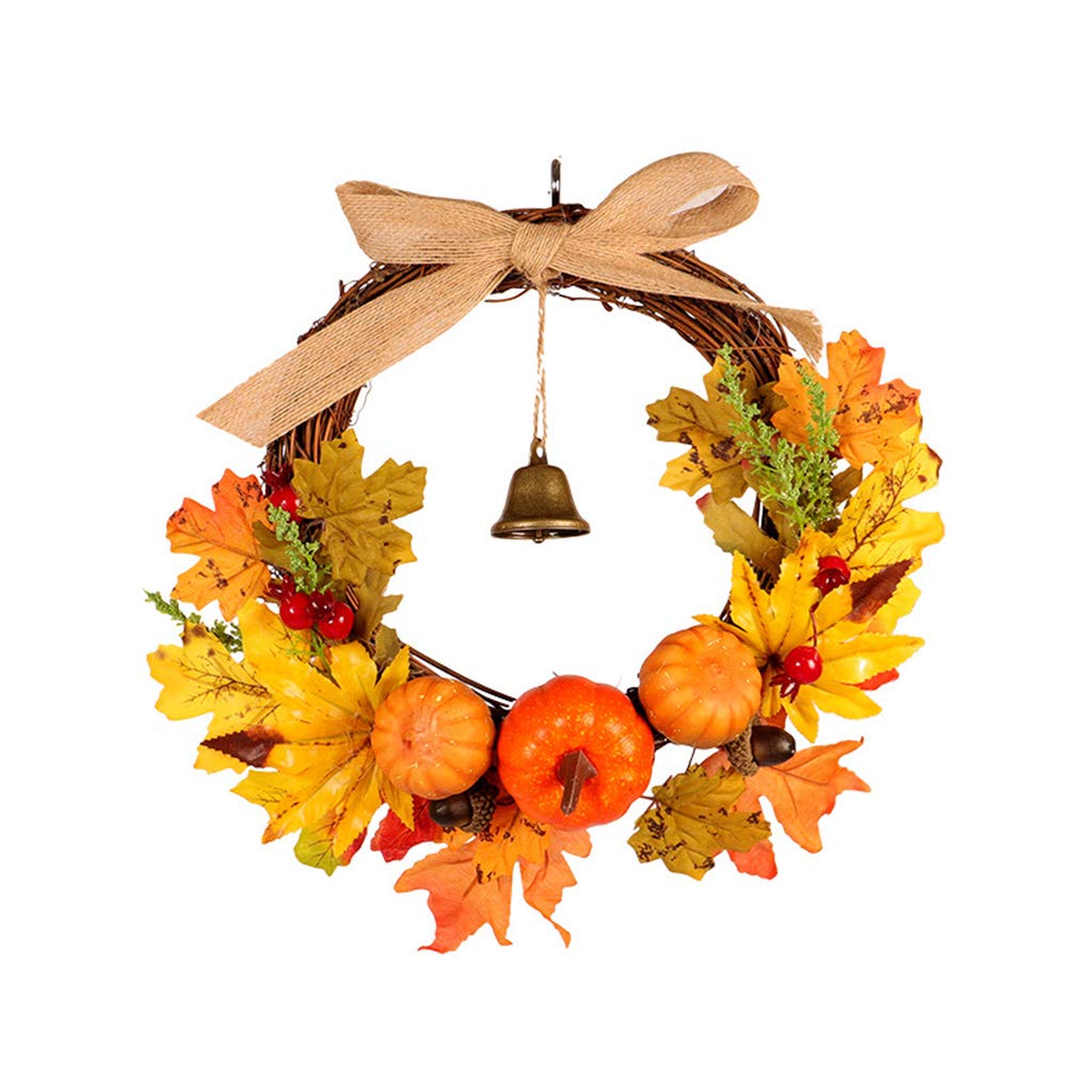 NINGYE Autumn Wreath with Artificial Maple Leaf Pumpkin Bell Rattan Decorative,Front Door Wreath Halloween Home Party Decor