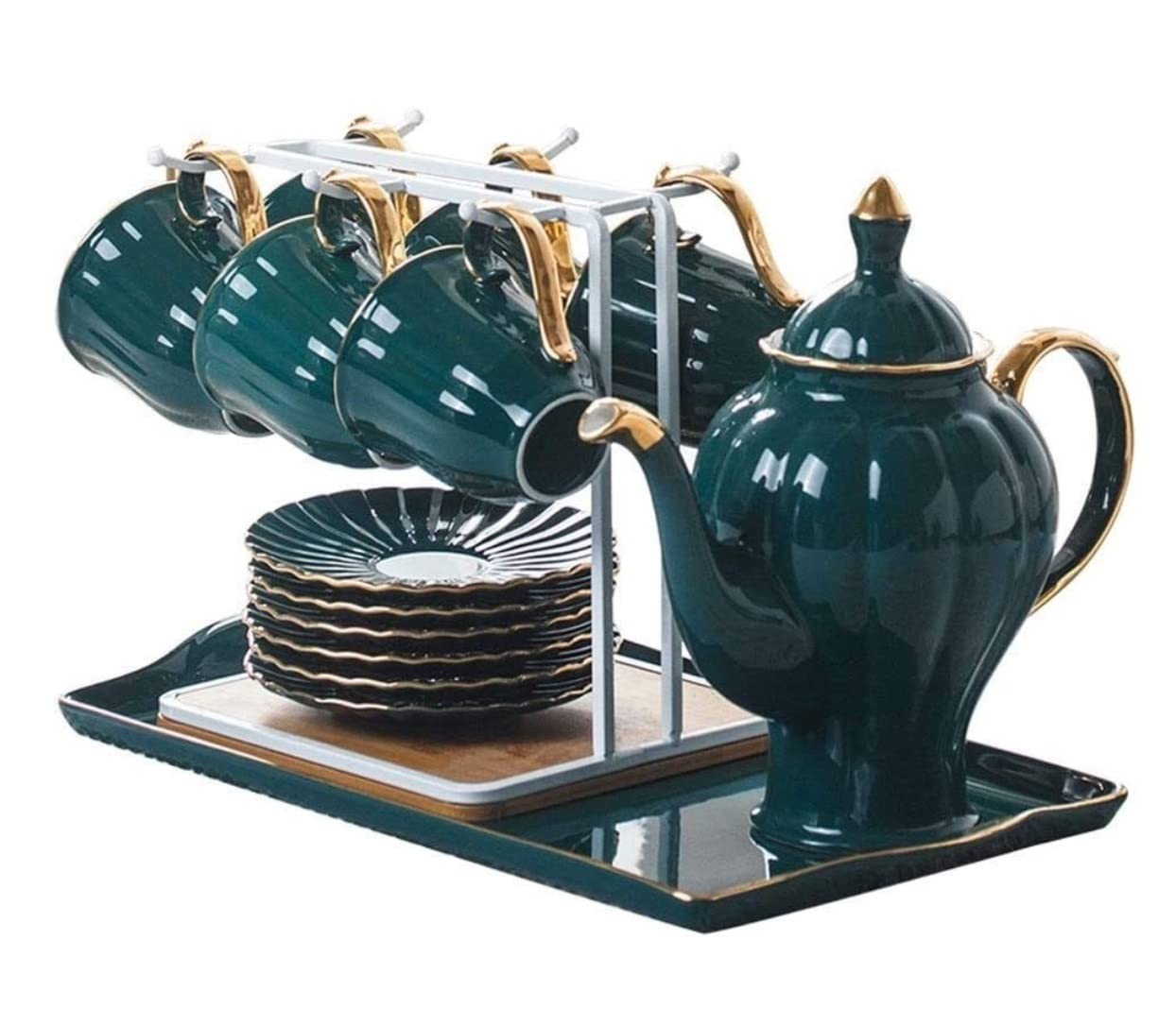 GTHTUHFD Tea Set Tea Cups Teapot Set European Style Tea Set Cups Saucer Holder Tray Ceramic Coffee Tea Set Teapot Cup High Foot Pot Home Afternoon Tea Set Tea Cup Set Tea Pot Set,A-green-15pcs