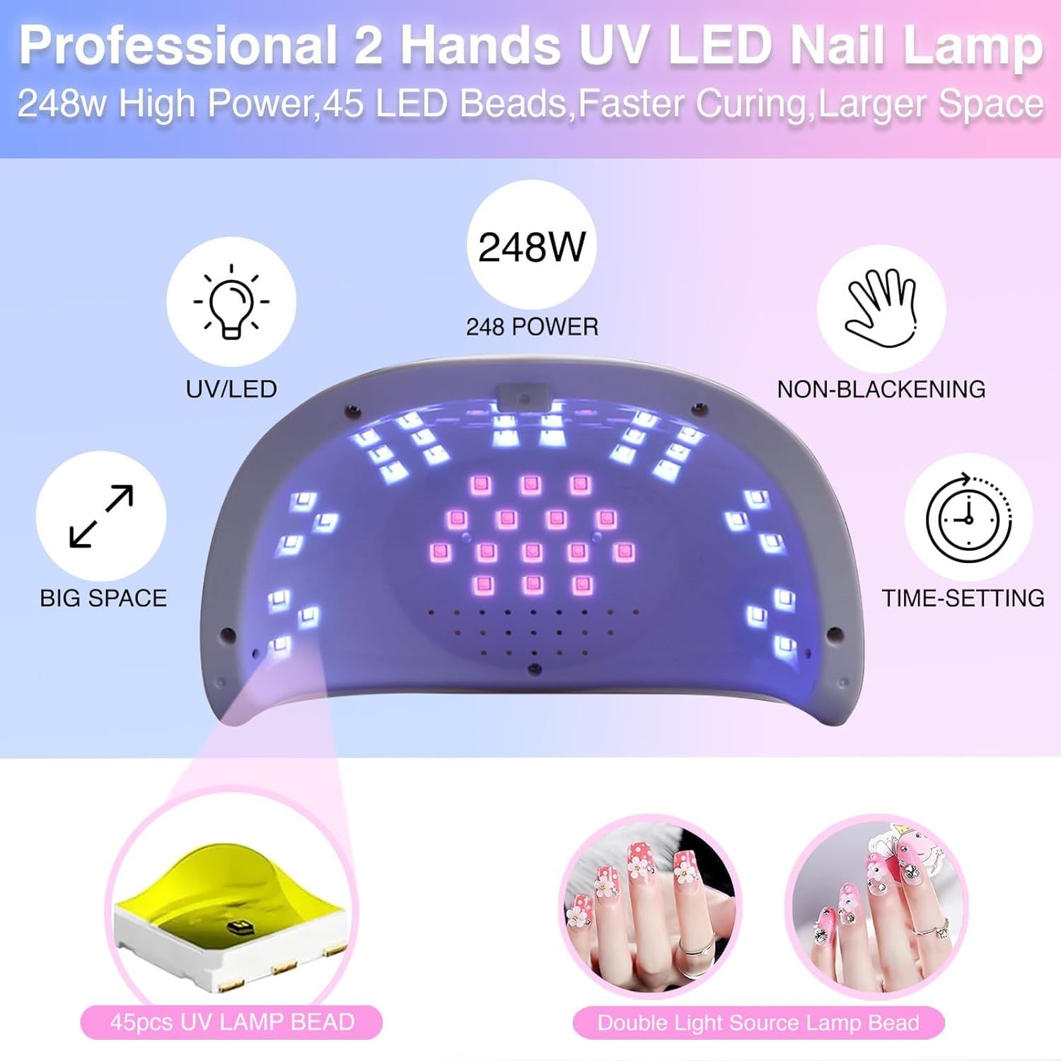 Lámpara de uñas UV LED para manos dobles, secador de uñas profesional de luz UV, lámparas LED UV para uñas de gel, lámpara de esmalte de uñas de gel de curado para uñas de manos y pies con 4 (1)