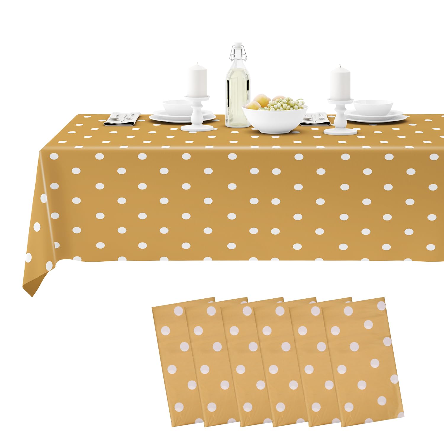 54"×108" Polka Dots Disposable Plastic Table Cover - Waterproof, Spill-Proof, Rectangular Table Protector for Birthdays, Baby Showers, Outdoor Dinners, Picnics, Gold - Pack of 6