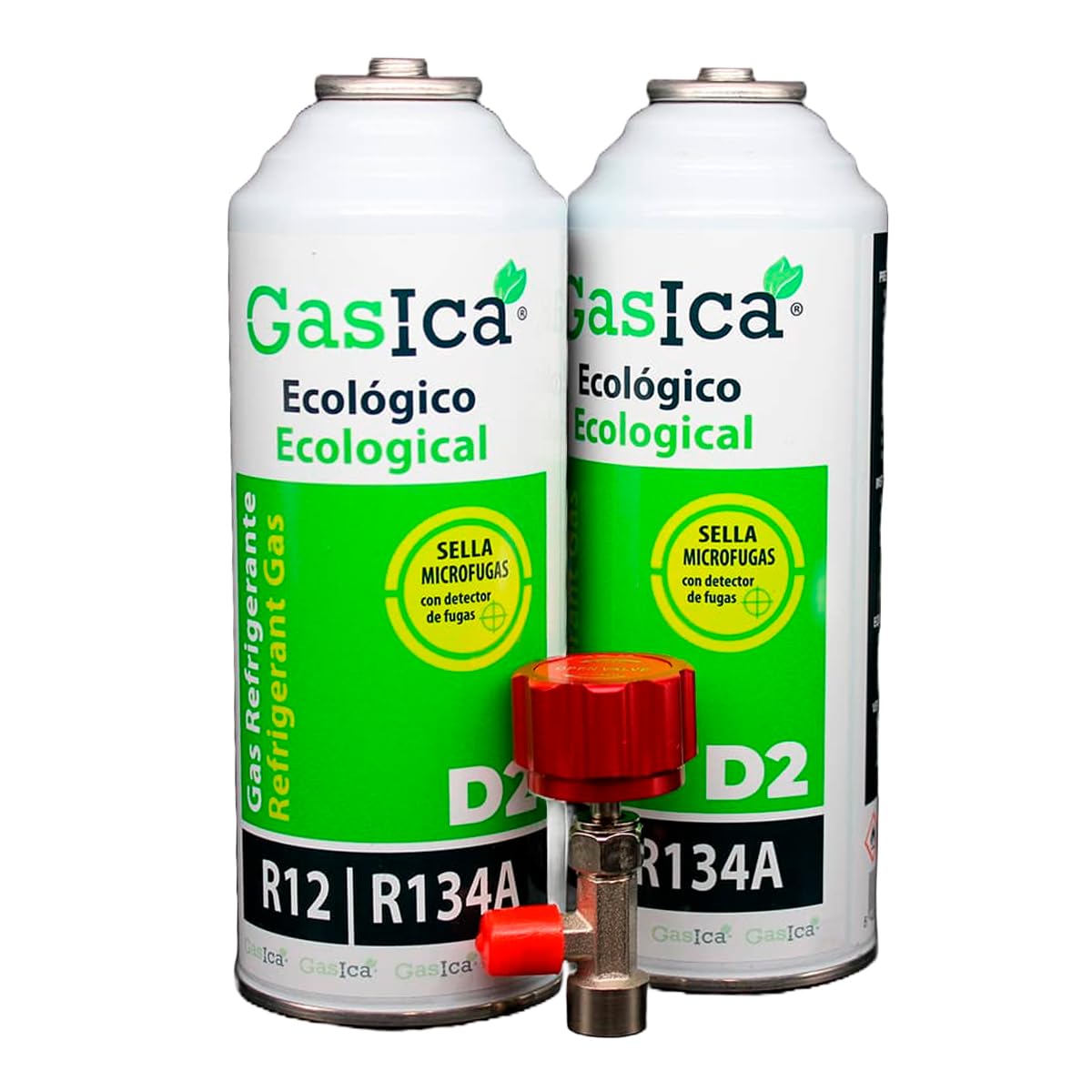 Todoeléctrico - Gasica D2 PACK AHORRO (2x226Gr) Botellas Gas Refrigerante Ecológico Gasica D2 sustituto de R12, R134A más llave recarga gas para aire acondicionado