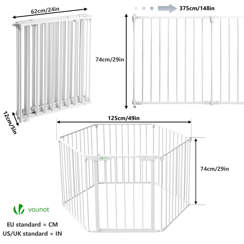 VOUNOT® Barriera di Sicurezza 375 cm per Bambini e Cani, Cancello Cancelletto Griglia di Sicurezza per Camino, Preassemblato, 6 Pannelli Barriera Protettiva Pieghevole per Porte o Scale, Bianco