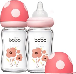 YOHKOH Natural Response Weithals-Babyflasche aus Glas, Anti-Kolik Baby Glas Flaschen mit Ultraweiches Silikon-Sauger, für Neugeborene Babys (Rot, 160ml (2er Pack))