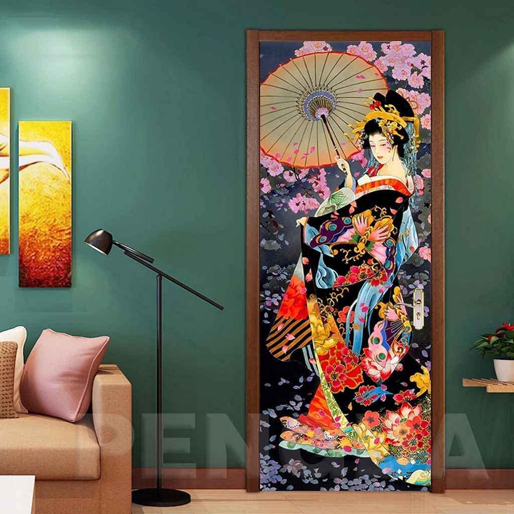 Papier Peint Porte Sticker Style Japonais Et Fleurs De Cerisier 3D Porte Autocollants Auto- Adhésif Amovibles Pour Portes Intérieures Bureau À Domicile L83 X H204cm
