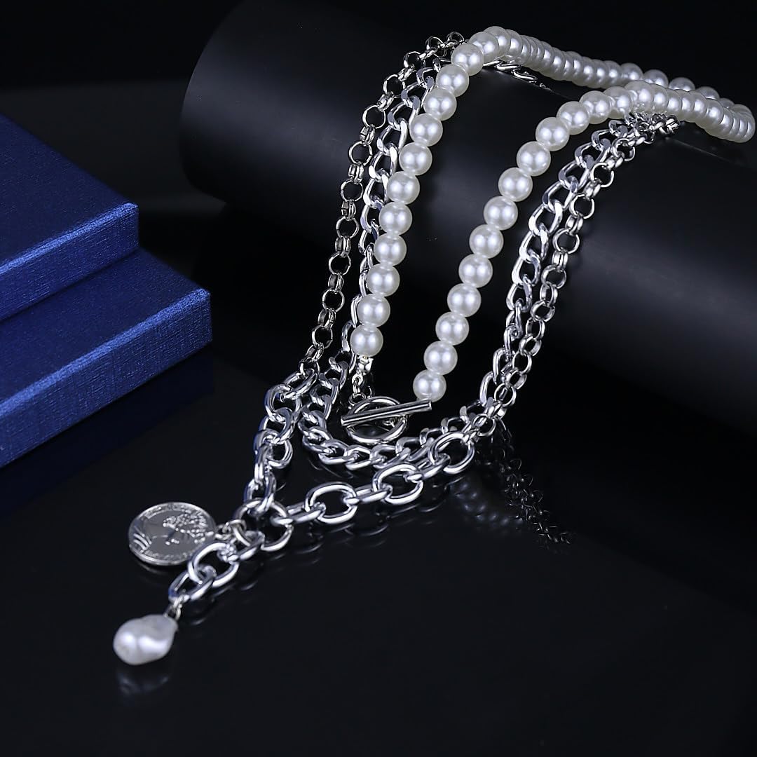 Layered Gold Necklaces for Women Trendy Chunky Layered Choker Necklace Vintage Faux Pearls Multi-layered Necklaces Gold OT Clasp Portrait Chain Necklace 90s Freaknik Outfit Accessories for Women - Image 6