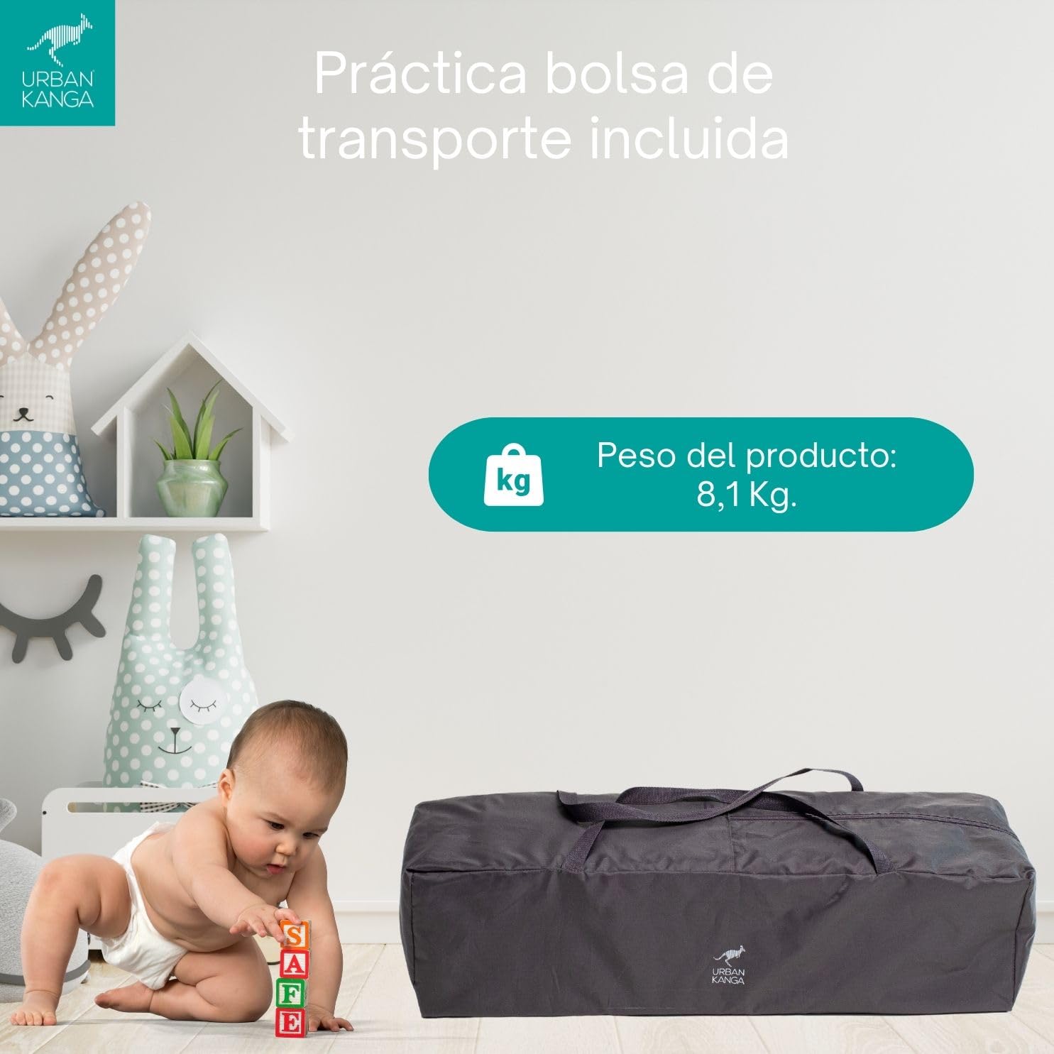 Urban Kanga QK Cuna de Viaje para Bebé con Colchón Plegable y Portátil 60x120cm (Gris, QK)
