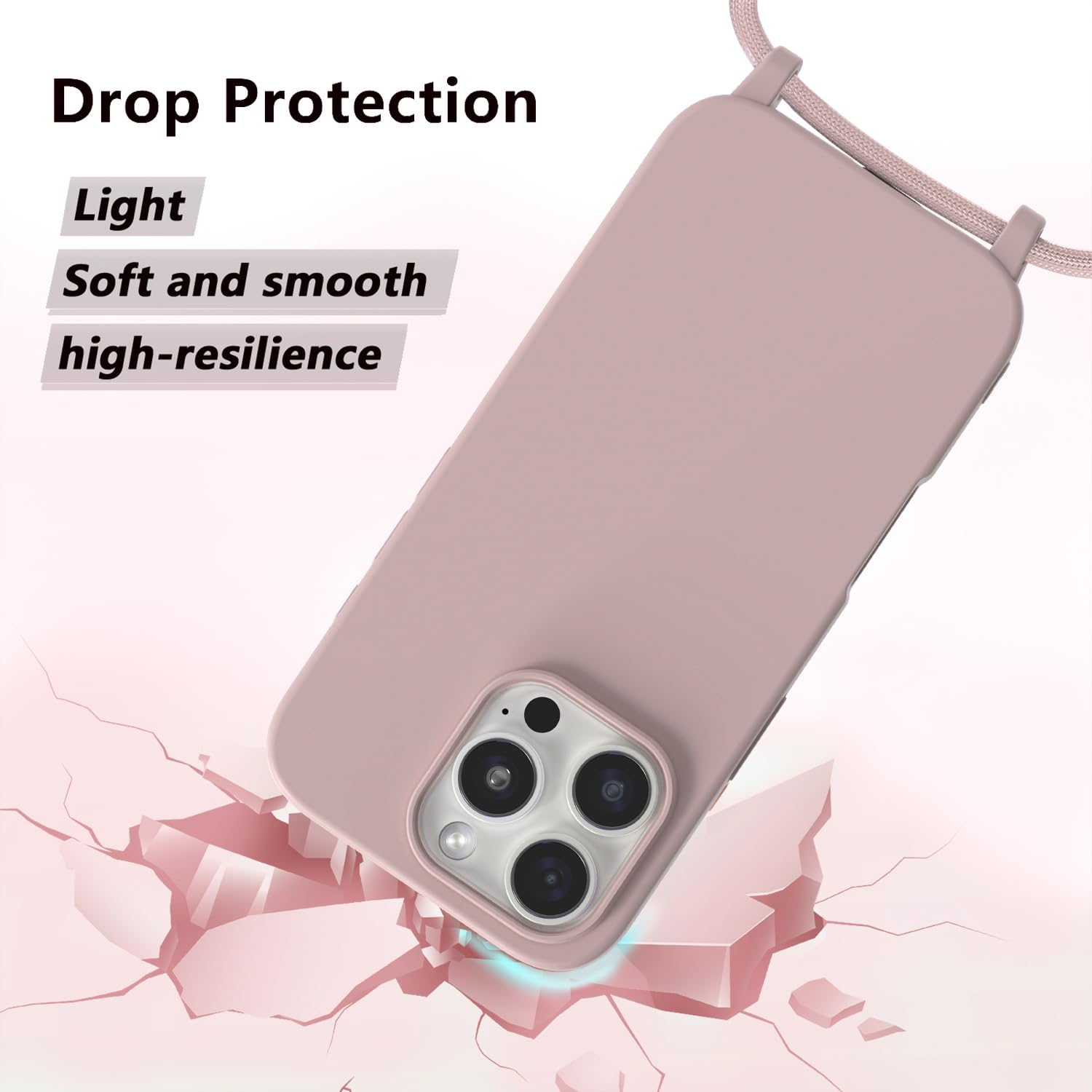 AOMYKE Cover per iPhone 16 Pro con Cordino, Custodia con Laccio Collana Tracolla Collo Liquido Silicone Antiurto TPU Antiurto AntiGraffio Case - Rosa