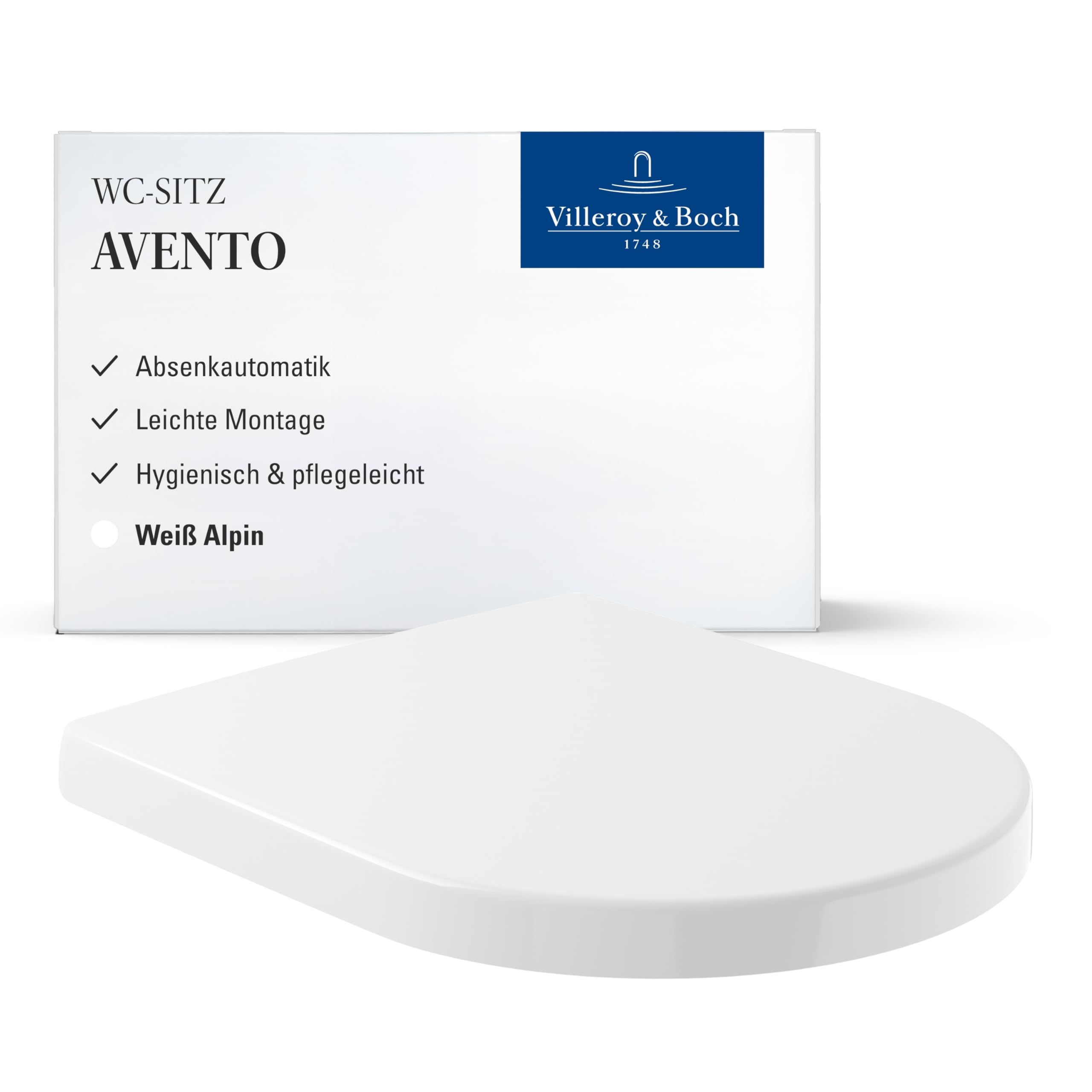 Villeroy & Boch WC-Sitz Avento - Toilettendeckel Weiß glänzend mit Absenkautomatik - Abnehmbarer, bruchsicherer Toilettensitz aus Duroplast - Schlanker Klodeckel D-Form - Original Ersatzteil