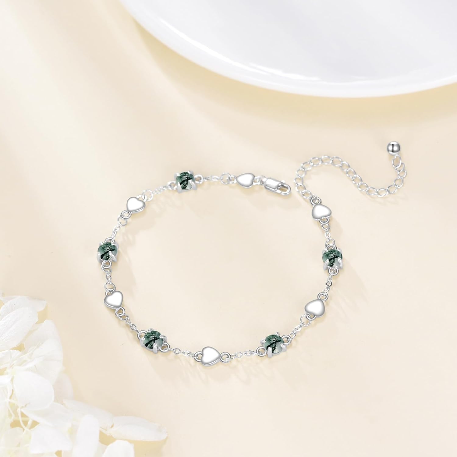 925 Sterling Silver Heart Bracelet for Women Opal/Moonstone/Water Moss Agate/Turquoise/Black Onyx Bracelet Jewelry Gifts - Image 2